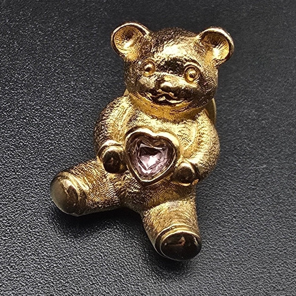 Avon Birthstone Teddy Bear Pin Pink Rhinestone Gold Tone Vintage